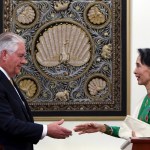 Myanmar Foreign Minister Aung San Suu Kyi, right, shakes hands with US Secretary of State Rex Tillerson, left, after their press conference at the Foreign Ministry office in Naypyitaw, Myanmar, Wednesday, Nov. 15, 2017. (AP Photo/Aung Shine Oo)