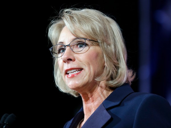 U.S. Education Secretary Betsy DeVos speaks during a dinner hosted by the Washington Policy Center, Friday, Oct. 13, 2017, in Bellevue, Wash. (AP Photo/Ted S. Warren)