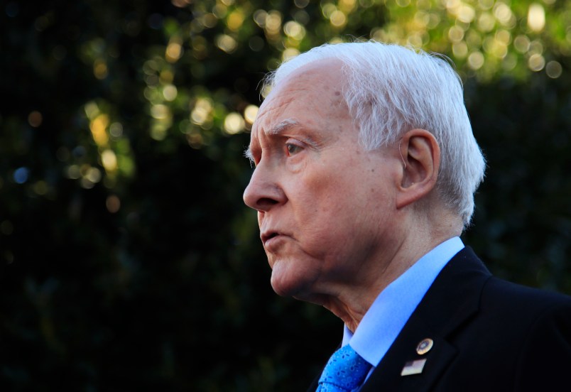 Senate Finance Committee Chairman Orrin Hatch, R-Utah, speaks to reporters following a meeting with President Donald Trump at the White House in Washington, Monday, Nov. 27, 2017.  (AP Photo/Manuel Balce Ceneta)