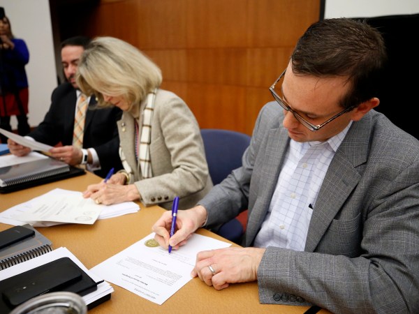 James B. Alcorn, at right, chairman of The Virginia State Board of Elections certifies the results in the contested 28th and 88th House of Delegates Districts elections. Getting the nod in the 28th, Republican  Robert M. Thomas Jr. was selected to replace retiring GOP Speaker William J. Howell and in the 88th, incumbent Mark Cole (R-Spotsylvania) will return in January. At left is board member Edgardo Cortes and Vice-Chair Clara Bell Wheeler. The board met in Richmond, Virginia on Monday, November 27, 2017.