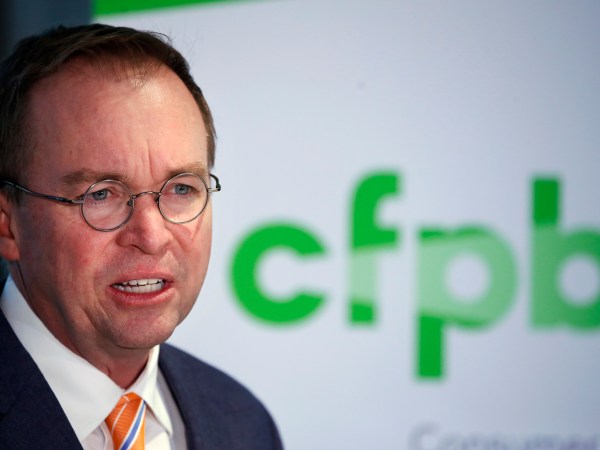 Mick Mulvaney speaks during a news conference after his first day as acting director of the Consumer Financial Protection Bureau in Washington, Monday, Nov. 27, 2017. (AP Photo/Jacquelyn Martin)