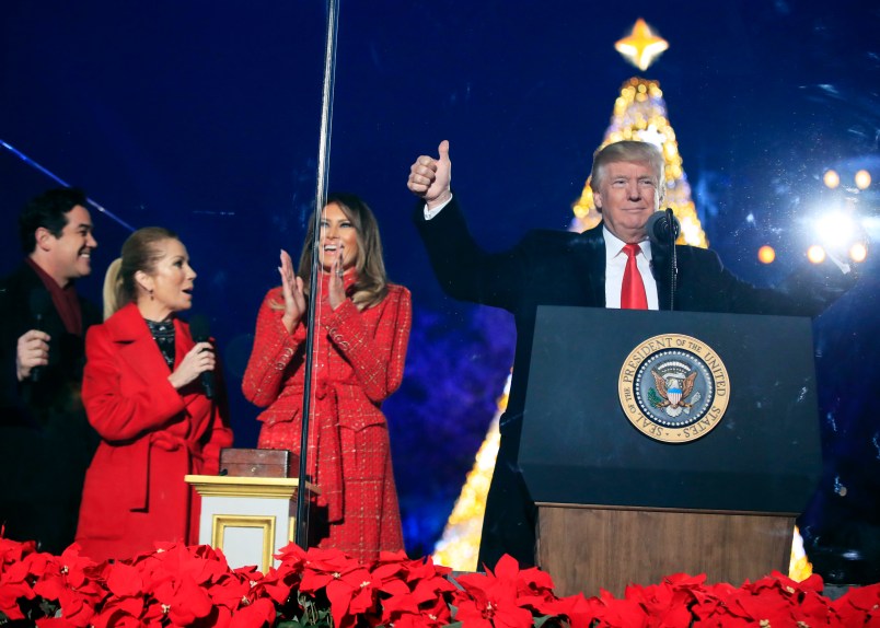 President Donald Trump and first lady Melania Trump, cheer after lighting the 2017 National Christmas Tree during the National Christmas Tree lighting ceremony at the Ellipse near the White House in Washington, Thursday, Nov. 30, 2017. With the president and the first lady are Kathie Lee Gifford and actor Dean Cain.  (AP Photo/Manuel Balce Ceneta)