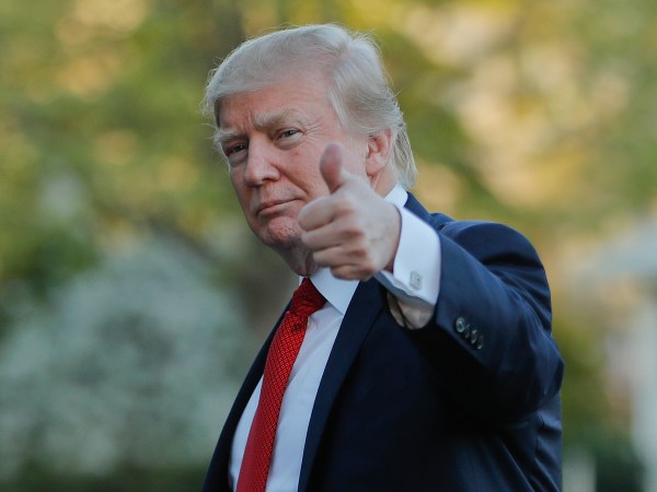 President Donald Trump gives a 'thumbs-up' as he walks across the South Lawn of the White House in Washington, Sunday, April 9, 2017. Trump is returning from a trip to his Mar-a-Lago estate in Palm Beach, Fla. (AP Photo/Pablo Martinez Monsivais)