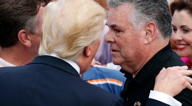 President Donald Trump, left, talks with Rep. Peter King, R-N.Y., during the Congressional Picnic on the South Lawn of the White House, Thursday, June 22, 2017, in Washington. (AP Photo/Alex Brandon)