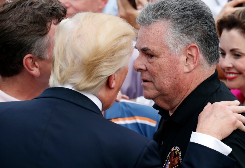 President Donald Trump, left, talks with Rep. Peter King, R-N.Y., during the Congressional Picnic on the South Lawn of the White House, Thursday, June 22, 2017, in Washington. (AP Photo/Alex Brandon)
