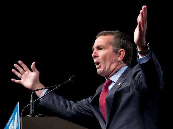 Democratic gubernatorial candidate Lt. Gov., Ralph Northam, gestures during a rally in Richmond, Va., Thursday, Oct. 19, 2017.  (AP Photo/Steve Helber)