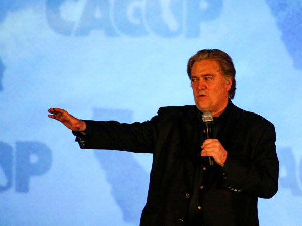 Steve Bannon, former strategist for President Donald Trump, speaks at  at the California Republican Convention in Anaheim, Calf.,  on Friday Oct. 20, 2017.  (AP Photo/Ringo H.W. Chiu)