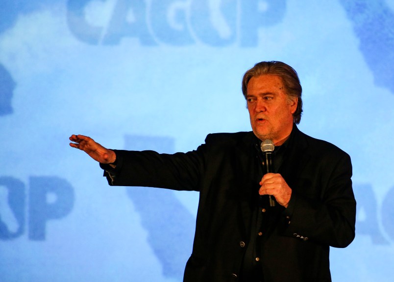 Steve Bannon, former strategist for President Donald Trump, speaks at  at the California Republican Convention in Anaheim, Calf.,  on Friday Oct. 20, 2017.  (AP Photo/Ringo H.W. Chiu)