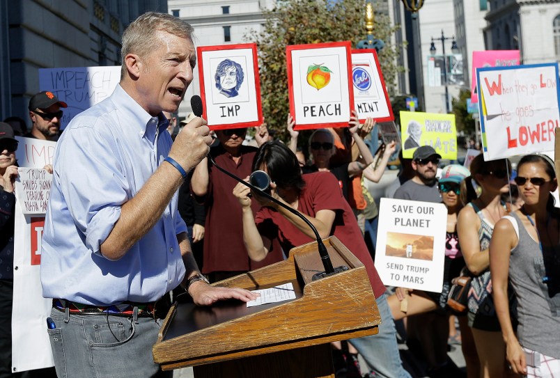 Tom Steyer speaks at a rally calling for the impeachment of President Donald Trump in San Francisco, Tuesday, Oct. 24, 2017. (AP Photo/Jeff Chiu)