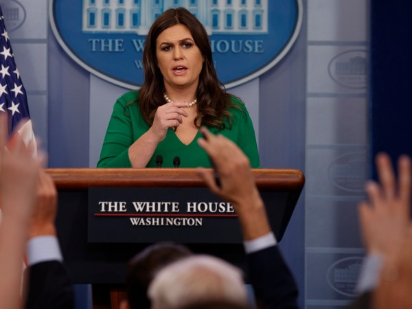 White House press secretary Sarah Huckabee Sanders speaks during the daily press briefing, Friday, Oct. 27, 2017, in Washington. (AP Photo/Evan Vucci)