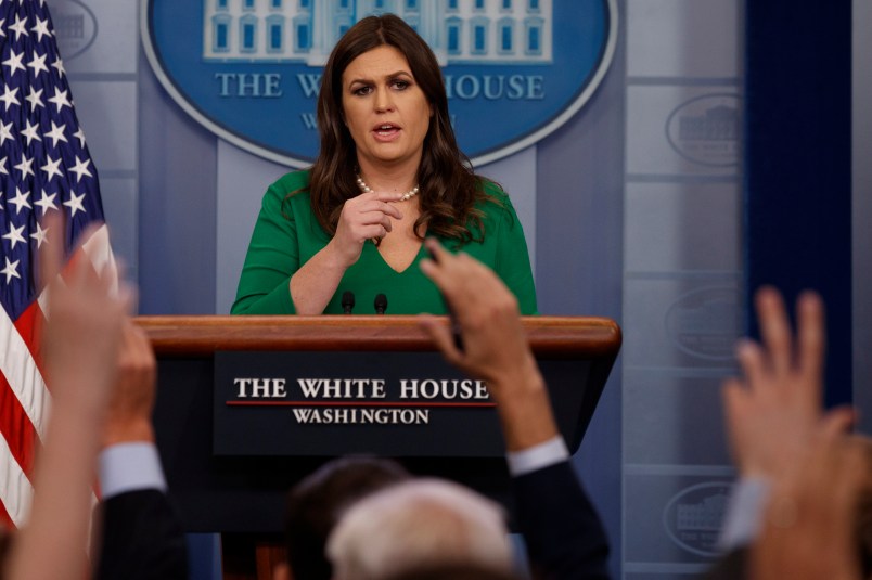 White House press secretary Sarah Huckabee Sanders speaks during the daily press briefing, Friday, Oct. 27, 2017, in Washington. (AP Photo/Evan Vucci)