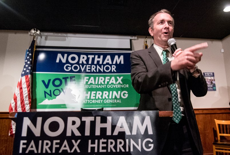 Lt. Gov. Ralph Northam, Democratic candidate for governor, fires up the crowd at a Democratic Party victory rally in downtown Harrisonburg, Va., Monday, Oct. 30, 2017, as part of his campaign.(AP Photo/Daily News-Record, Daniel Lin)