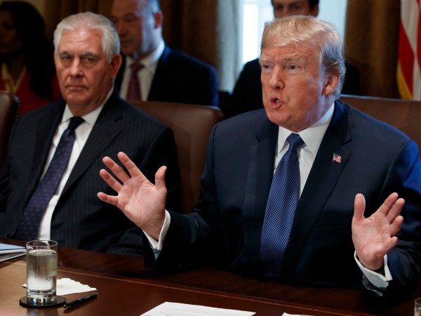 Secretary of State Rex Tillerson listens as President Donald Trump speaks during a cabinet meeting at the White House, Wednesday, Nov. 1, 2017, in Washington. (AP Photo/Evan Vucci)