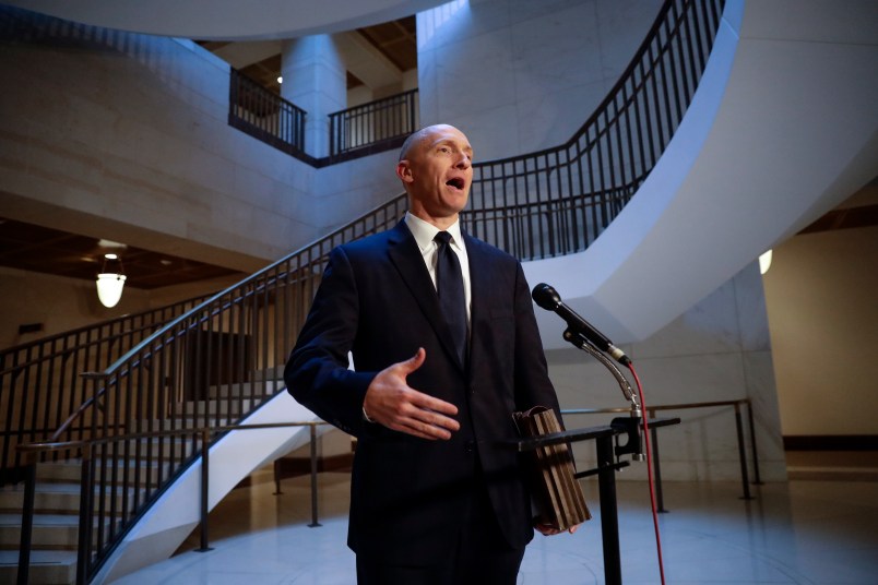Carter Page, a foreign policy adviser to Donald Trump’s 2016 presidential campaign, speaks with reporters briefly following a day of questions from the House Intelligence Committee, on Capitol Hill in Washington, Thursday, Nov. 2, 2017. (AP Photo/J. Scott Applewhite)