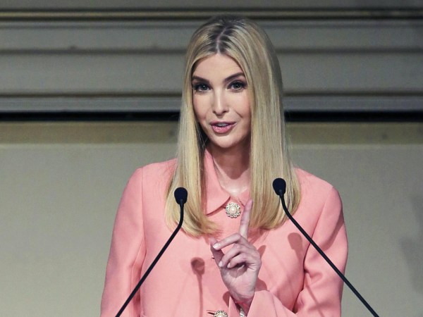 Ivanka Trump, the eldest daughter of U.S. President Donald Trump and an adviser to her father, speaks during the 2017 World Assembly for Women (WAW!) in Tokyo on Nov.3, 2017. Ivanka will have dinner with Japan’s Prime Minister Shinzo Abe on same day and is considering shopping in the Gizna district on next day.( The Yomiuri Shimbun via AP Images )