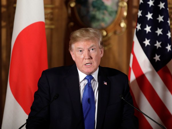 U.S. President Donald Trump speaks during a news conference with Shinzo Abe, Japan's prime minister, not pictured, at Akasaka Palace in Tokyo, Japan, on Monday, Nov. 6, 2017. Photographer: Kiyoshi Ota/Bloomberg