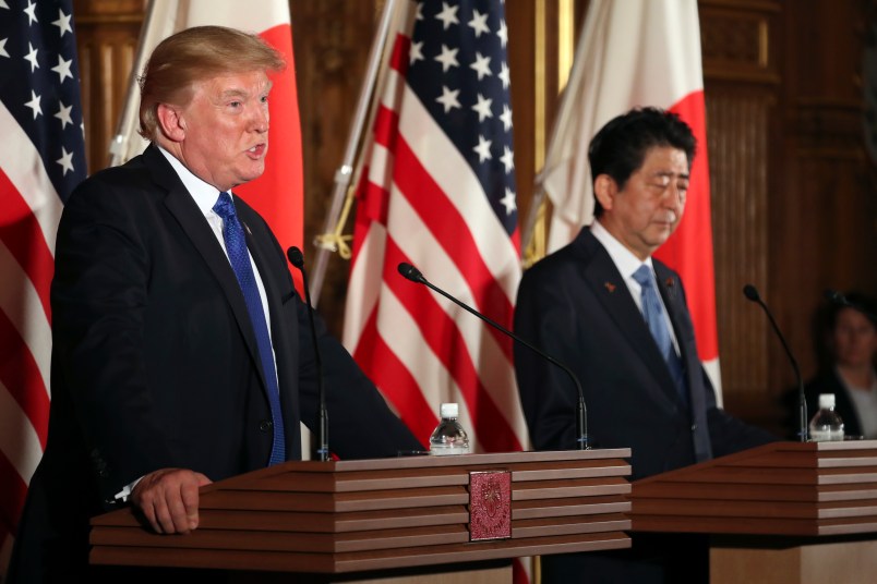 President Donald Trump XXXXXXX at the Akasaka Palace, Monday, July 17, 2017, in Tokyo. Trump is on a five country trip through Asia traveling to Japan, South Korea, China, Vietnam and the Philippines. (AP Photo/Andrew Harnik)