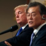 President Donald Trump and South Korean President Moon Jae-in participate in a joint news conference at the Blue House in Seoul, South Korea, Tuesday, November 7, 2017. Trump is on a five country trip through Asia traveling to Japan, South Korea, China, Vietnam and the Philippines. (AP Photo/Andrew Harnik)