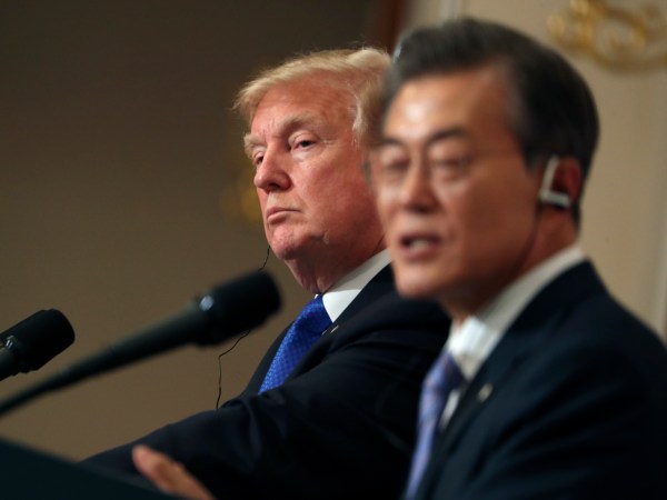 President Donald Trump and South Korean President Moon Jae-in participate in a joint news conference at the Blue House in Seoul, South Korea, Tuesday, November 7, 2017. Trump is on a five country trip through Asia traveling to Japan, South Korea, China, Vietnam and the Philippines. (AP Photo/Andrew Harnik)
