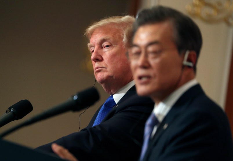 President Donald Trump and South Korean President Moon Jae-in participate in a joint news conference at the Blue House in Seoul, South Korea, Tuesday, November 7, 2017. Trump is on a five country trip through Asia traveling to Japan, South Korea, China, Vietnam and the Philippines. (AP Photo/Andrew Harnik)