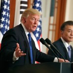 President Donald Trump and South Korean President Moon Jae-in participate in a joint news conference at the Blue House in Seoul, South Korea, Tuesday, November 7, 2017. Trump is on a five country trip through Asia traveling to Japan, South Korea, China, Vietnam and the Philippines. (AP Photo/Andrew Harnik)