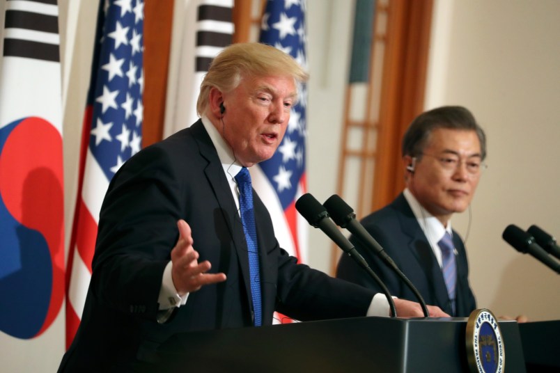 President Donald Trump and South Korean President Moon Jae-in participate in a joint news conference at the Blue House in Seoul, South Korea, Tuesday, November 7, 2017. Trump is on a five country trip through Asia traveling to Japan, South Korea, China, Vietnam and the Philippines. (AP Photo/Andrew Harnik)