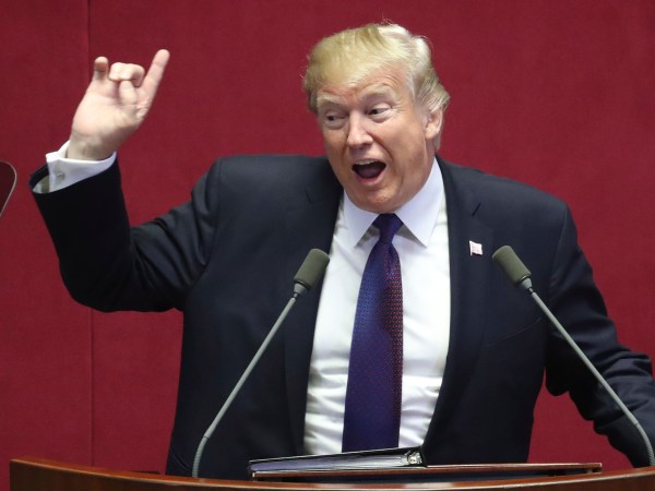 U.S. President Donald Trump delivers a speech at the National Assembly in Seoul, South Korea, Wednesday, Nov. 8, 2017. (AP Photo/Lee Jin-man, Pool)