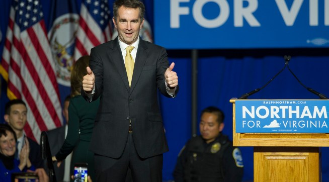 Virginia Gov.-elect Ralph Northam walks onstage to celebrate his election at the Northam For Governor election night party at George Mason University in Fairfax, Va., Tuesday, Nov. 7, 2017. (AP Photo/Cliff Owen)