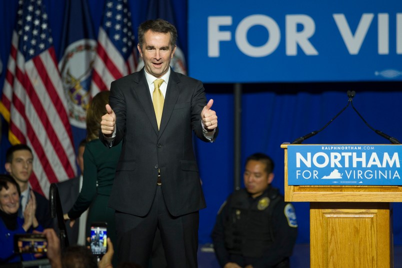 Virginia Gov.-elect Ralph Northam walks onstage to celebrate his election at the Northam For Governor election night party at George Mason University in Fairfax, Va., Tuesday, Nov. 7, 2017. (AP Photo/Cliff Owen)