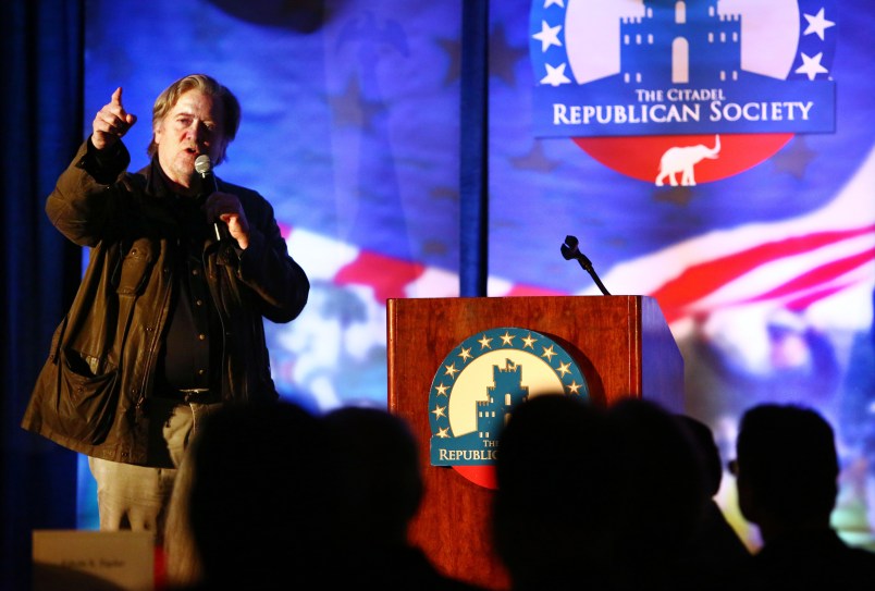 Steve Bannon, the former chief strategist to President Donald Trump, speaks during an event at The Citadel in Charleston, S.C., Friday, Nov. 10, 2017. (Wade Spees/The Post and Courier)