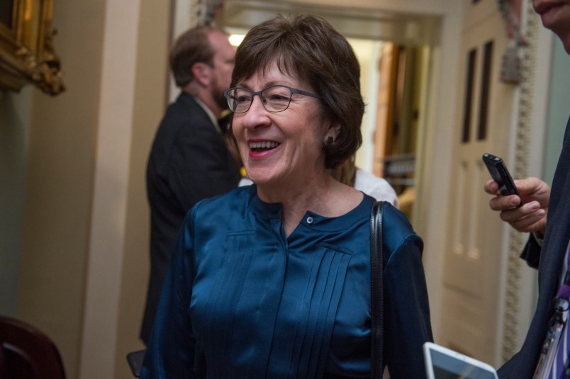 UNITED STATES - NOVEMBER 14: Sen. Susan Collins, R-Maine,  speaks with the media after the Senate Policy luncheons in the Capitol on November 14, 2017.(Photo By Tom Williams/CQ Roll Call)