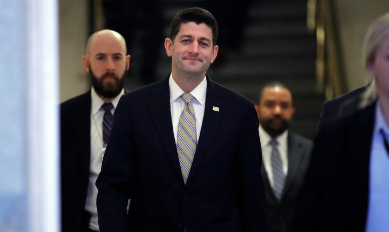 House Speaker Paul Ryan of Wis., arrives for a meeting with House Republicans and President Donald Trump, Thursday, Nov. 16, 2017, on Capitol Hill in Washington. Trump is at the Capitol for a pep rally with House Republicans, shortly before the chamber is expected to approve the tax bill over solid Democratic opposition. (AP Photo/Jacquelyn Martin)