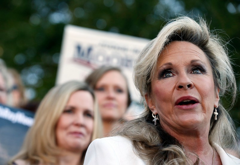 Kayla Moore, wife if former Alabama Chief Justice and U.S. Senate candidate Roy Moore, speaks at a press conference, Friday, Nov. 17, 2017, in Montgomery, Ala. (AP Photo/Brynn Anderson)