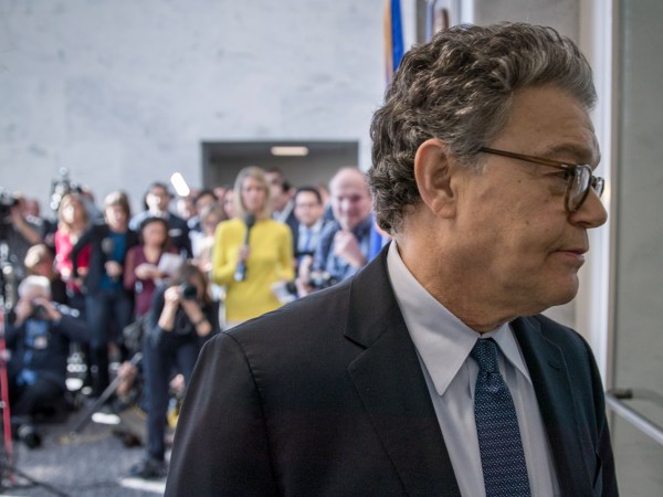 Sen. Al Franken, D-Minn., returns to his office after telling reporters he's embarrassed and ashamed amid sexual misconduct allegations but plans to continue his work in Congress, on Capitol Hill in Washington, Monday, Nov. 27, 2017. The allegations arose after Los Angeles radio personality Leann Tweeden released a photo showing Franken, then a comedian, reaching out as if to grope her while she slept on a military aircraft during a USO tour in 2006,  (AP Photo/J. Scott Applewhite)