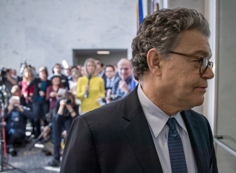 Sen. Al Franken, D-Minn., returns to his office after telling reporters he's embarrassed and ashamed amid sexual misconduct allegations but plans to continue his work in Congress, on Capitol Hill in Washington, Monday, Nov. 27, 2017. The allegations arose after Los Angeles radio personality Leann Tweeden released a photo showing Franken, then a comedian, reaching out as if to grope her while she slept on a military aircraft during a USO tour in 2006,  (AP Photo/J. Scott Applewhite)