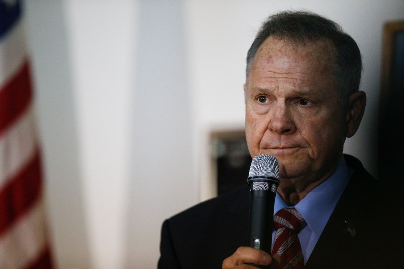 Former Alabama Chief Justice and U.S. Senate candidate Roy Moore speaks at  a campaign rally, Monday, Nov. 27, 2017, in Henagar, Ala. (AP Photo/Brynn Anderson)
