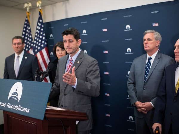 UNITED STATES - NOVEMBER 29: Speaker Paul Ryan, R-Wis., conducts a news conference after the House Republican Conference meeting in the Capitol on November 29, 2017. Also appearing are, from left, Reps. Gregg Harper, R-Miss., Cathy McMorris Rodgers, R-Wash., House Majority Leader Kevin McCarthy, R-Calif., and House Majority Whip Steve Scalise, R-La.. (Photo By Tom Williams/CQ Roll Call)