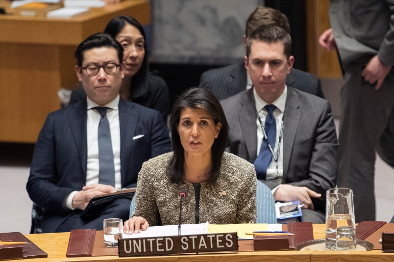 American Ambassador to the United Nations Nikki Haley speaks during a Security Council meeting on the situation in North Korea, Wednesday, Nov. 29, 2017 at United Nations headquarters.  (AP Photo/Mary Altaffer)