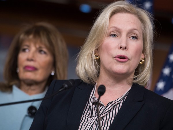 UNITED STATES -  NOVEMBER 15: Sen. Kirsten Gillibrand, D-N.Y., right, and Rep. Jackie Speier, D-Calif., hold a news conference in the House studio to introduce legislation that aims to address and prevent sexual harassment for Capitol Hill staff on November 15, 2017. (Photo By Tom Williams/CQ Roll Call)