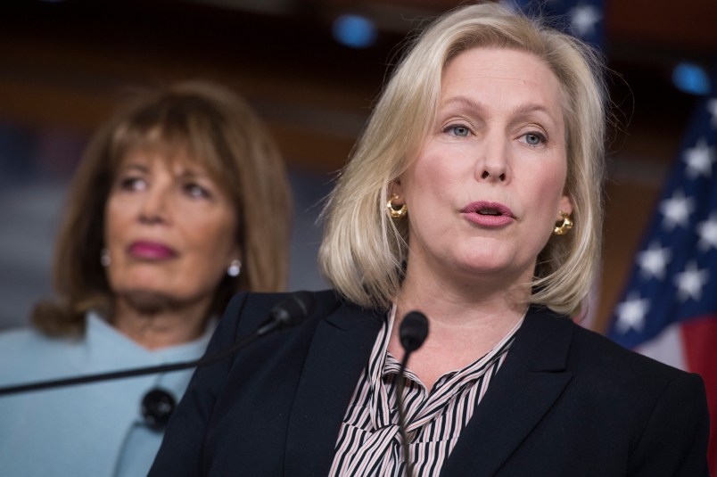 UNITED STATES -  NOVEMBER 15: Sen. Kirsten Gillibrand, D-N.Y., right, and Rep. Jackie Speier, D-Calif., hold a news conference in the House studio to introduce legislation that aims to address and prevent sexual harassment for Capitol Hill staff on November 15, 2017. (Photo By Tom Williams/CQ Roll Call)