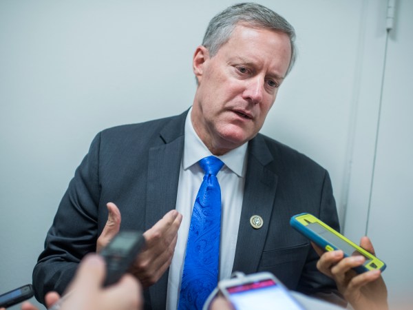 UNITED STATES - JULY 28: Rep. Mark Meadows, R-N.C., leaves a meeting of the House Republican Conference in the Capitol on July 28, 2017. (Photo By Tom Williams/CQ Roll Call)