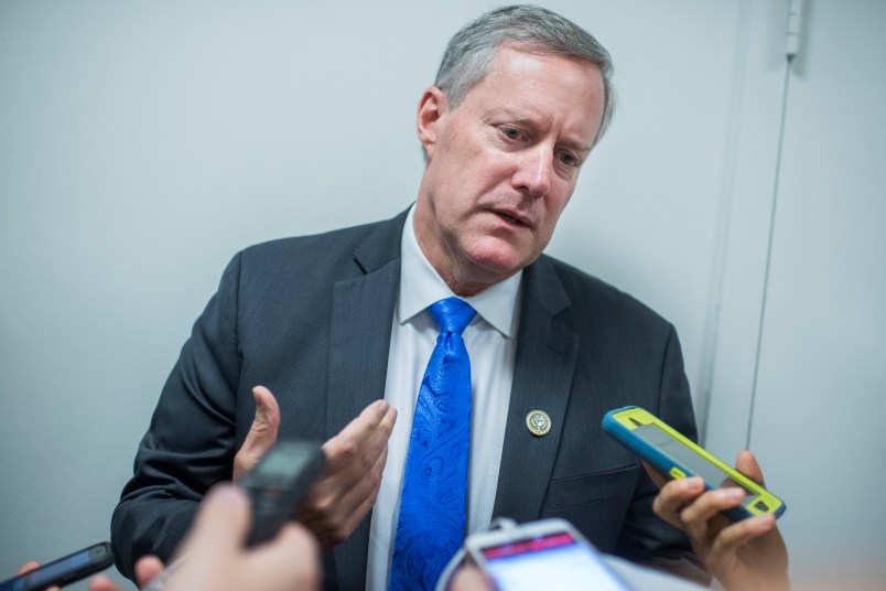 UNITED STATES - JULY 28: Rep. Mark Meadows, R-N.C., leaves a meeting of the House Republican Conference in the Capitol on July 28, 2017. (Photo By Tom Williams/CQ Roll Call)