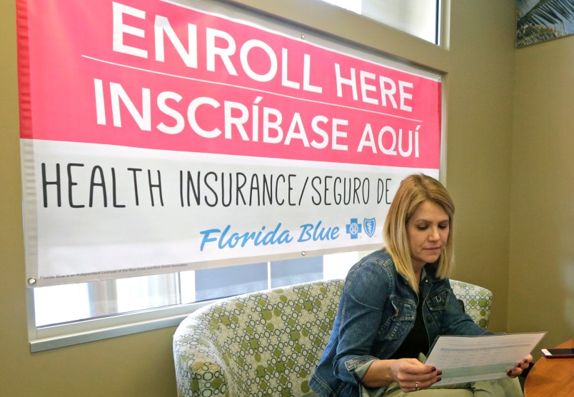 Catherine Reviati reviews the different Affordable Care Act enrollment options, Thursday, Nov.2, 2017, in Hialeah, Fl. Health care advocacy groups are making an against-all-odds effort to sign people up despite confusion and hostility fostered by Republicans opposed to former President Barack Obama’s signature domestic policy achievement. (AP Photo/Alan Diaz)