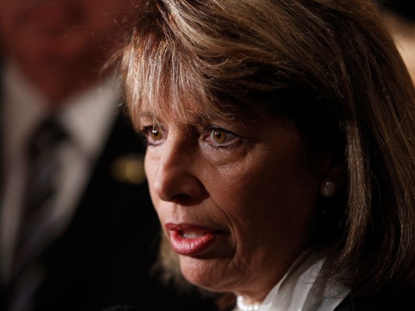 FILE - In this Aug. 30, 2011 file photo, Rep. Jackie Speier, D-Calif., talks to reporters in Washington. A divided Armed Services Committee, in which Speier is a member, backed the provision in a sweeping defense policy bill that the full House will consider next month, touching off a provocative debate about the role of women in the military.(AP Photo/Charles Dharapak, File)