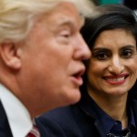 Administrator of the Centers for Medicare and Medicaid Services Seema Verma, right, looks on as President Donald Trump speaks during a meeting on women in healthcare in the Roosevelt Room of the White House, Wednesday, March 22, 2017, in Washington. (AP Photo/Evan Vucci)