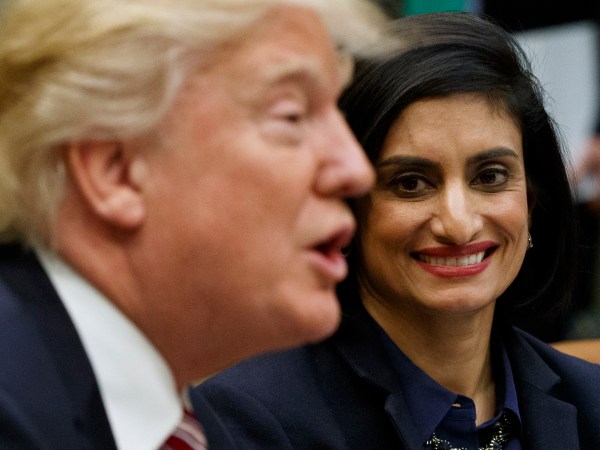 Administrator of the Centers for Medicare and Medicaid Services Seema Verma, right, looks on as President Donald Trump speaks during a meeting on women in healthcare in the Roosevelt Room of the White House, Wednesday, March 22, 2017, in Washington. (AP Photo/Evan Vucci)