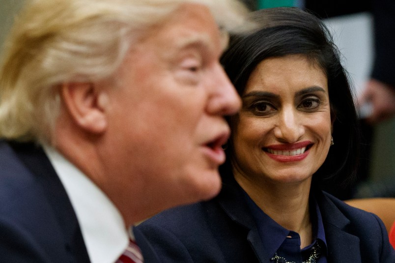 Administrator of the Centers for Medicare and Medicaid Services Seema Verma, right, looks on as President Donald Trump speaks during a meeting on women in healthcare in the Roosevelt Room of the White House, Wednesday, March 22, 2017, in Washington. (AP Photo/Evan Vucci)