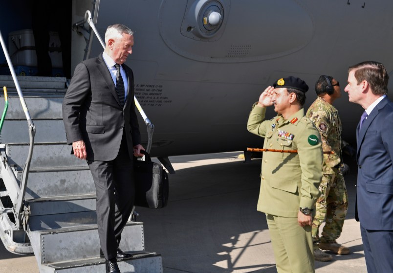 In this photo released by the U.S. Embassy in Islamabad, Defense Secretary Jim Mattis, left, arrives in Islamabad, Pakistan, Monday, Dec. 4, 2017. Mattis will meet with top leaders and seek common ground on the counterterrorism fight, amid Trump administration calls for Islamabad to more aggressively go after the insurgents moving back and forth across the border with Afghanistan. (U.S. Embassy, via AP)