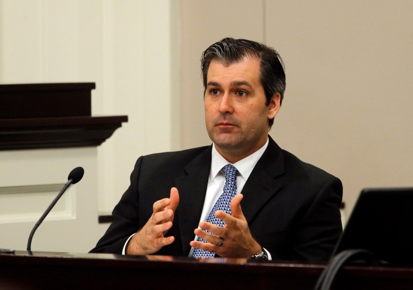 Former North Charleston police officer Michael Slager testifies during his murder trial at the Charleston County court in Charleston, S.C., Tuesday, Nov. 29, 2016. Slager is charged with murder in the shooting death last year of Walter Scott. (Grace Beahm/Post and Courier via AP, Pool)