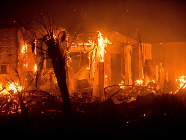 Flames consume a structure as the Lilac fire burns in Bonsai, Calif., on Friday, Dec. 8, 2017. The blaze burned at least five structures and 4,100 acres according to fire officials. Wind-swept blazes have forced tens of thousands of evacuations and destroyed dozens of homes in Southern California. (AP Photo/Noah Berger)